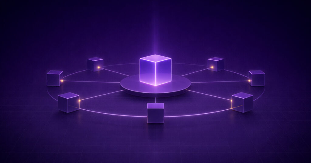 central cube connected to surrounding nodes, representing limited partners linked to a core investment structure