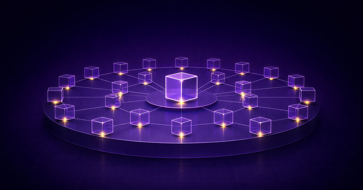 network of connected cubes around a central hub, representing private capital flows and decentralized investment structure