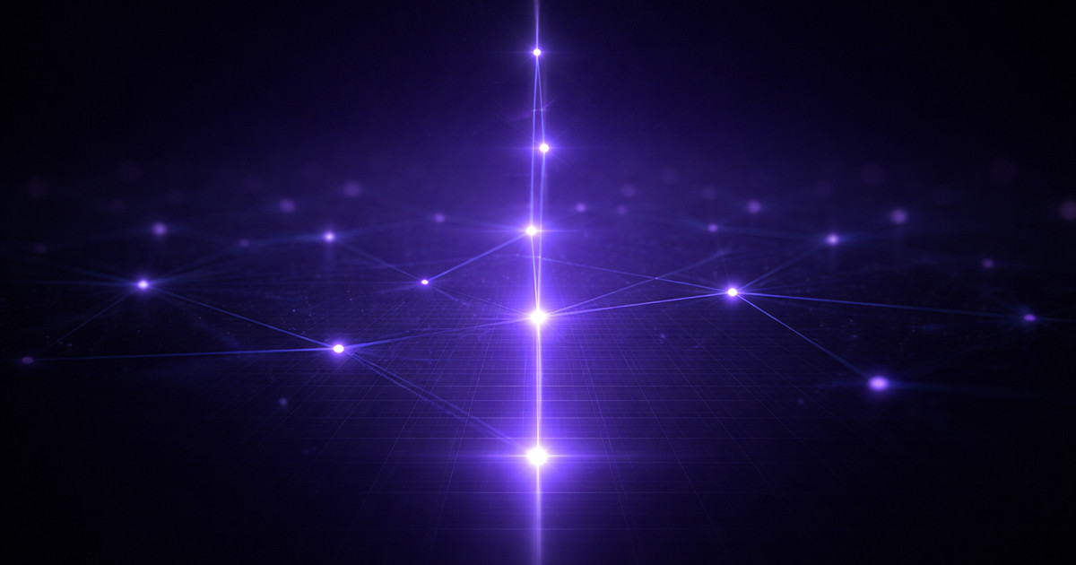 glowing connected nodes across a digital network with a bright vertical center line, representing the structure and connectivity behind institutional capital positioning