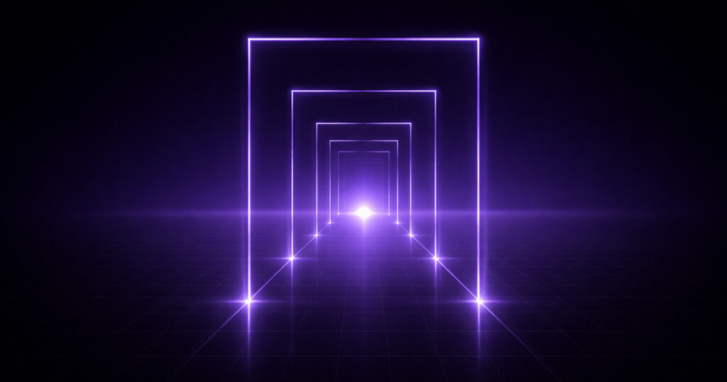 glowing rectangular frames extending into the distance, representing a structured fundraising metrics pipeline with multiple stages of investor progression