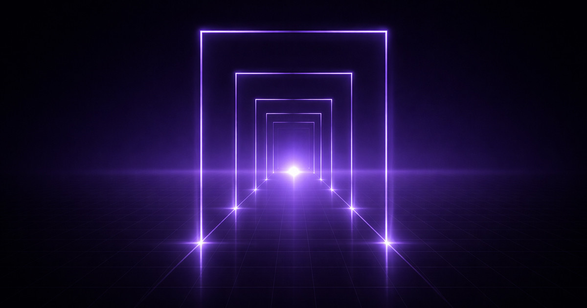 glowing rectangular frames extending into the distance, representing a structured fundraising metrics pipeline with multiple stages of investor progression