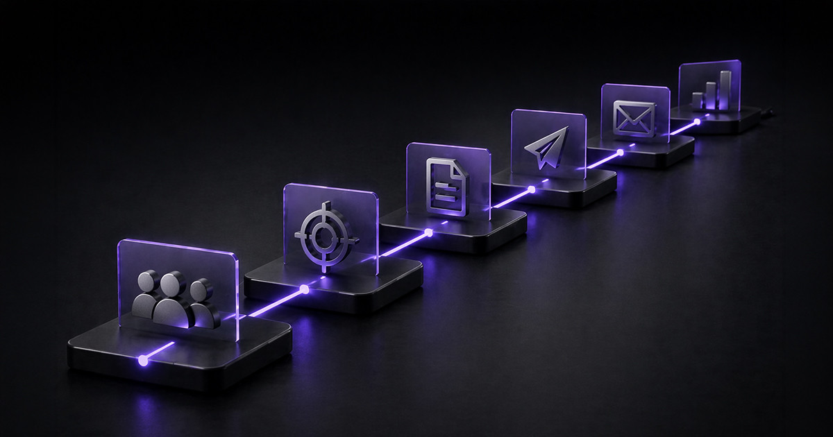 connected platform icons showing audience targeting, campaign materials, outreach messages, email follow-up, and performance tracking, representing an investor outreach campaign