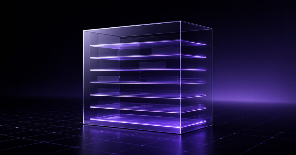 layered transparent shelves inside a structured cube, representing an investor data room organized with diligence documents, permissions, and supporting materials