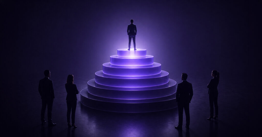 a glowing tiered platform with one figure standing at the top and others positioned below, representing capital stack structure and how investor positions affect risk and return