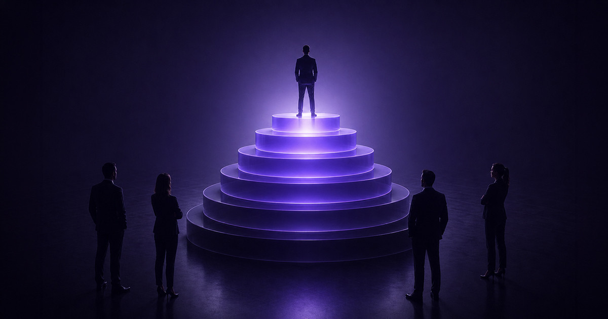 a glowing tiered platform with one figure standing at the top and others positioned below, representing capital stack structure and how investor positions affect risk and return